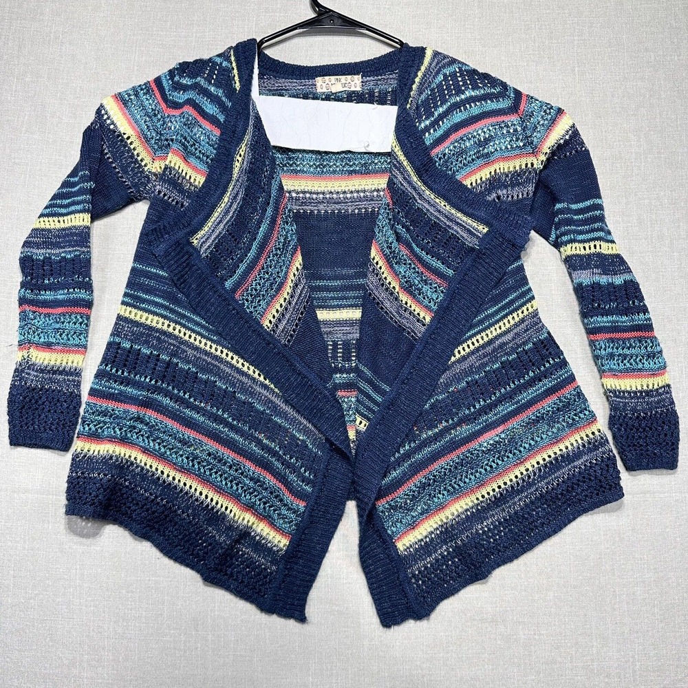 Pink Republic Lacey Knit Blue Tapestry Striped Wrap Sweater Shawl M 10/12
